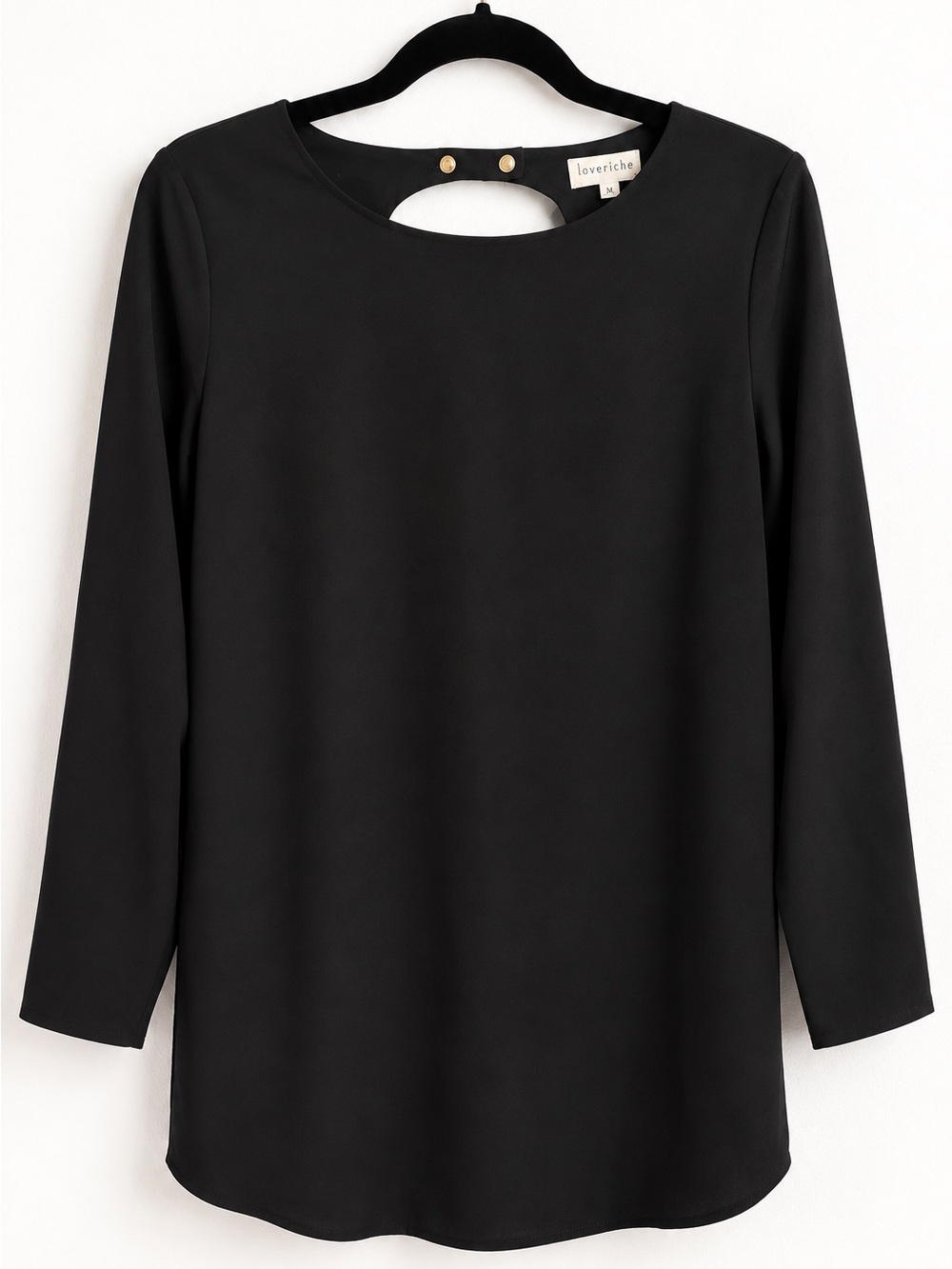 Loveriche Black Open Back Tunic Mini Dress M Gold Button Long Sleeve Minimalist